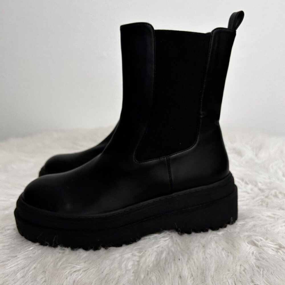 Good American Shoes Womens Size 9 Platform Combat Boots Black Leather GA036V-X‎